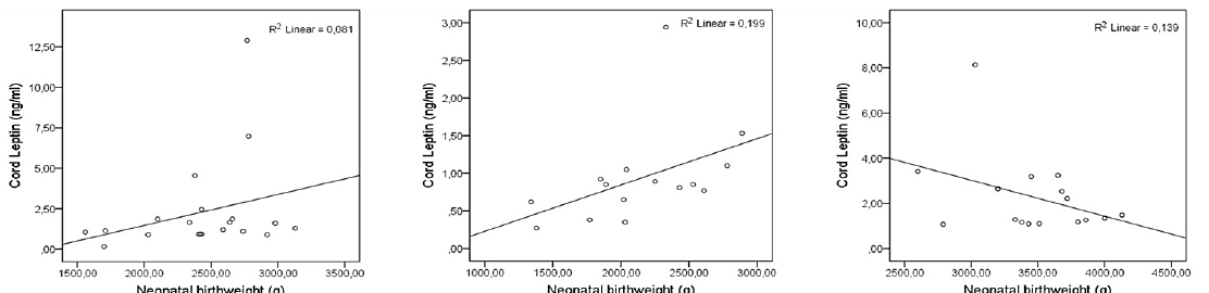 Şekil 3: Çelik leptin konsantrasyonlarının neonatal doğum ağırlığı ile ilişkilendirilmesi. A: Grup-I (intrauterin büyüme sınırlı fetüsler grubu), B: Grup-II (küresel yaş grubu için uygun olan komplikasyonlar), C: Grup-III (eski fetüsler için uygun olarak)