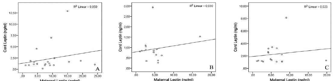 Şekil 4: kordon leptin konsantrasyonlarının anne leptin konsantrasyonlarıyla incelenmesi. A: Grup-I (intrauterin büyüme sınırlı fetüsler grubu), B: Grup-II (kampal yaş grubu için uygun olan komplikasyonlar), C: Grup-III (eski fetüsler için uygun olarak), BMI: