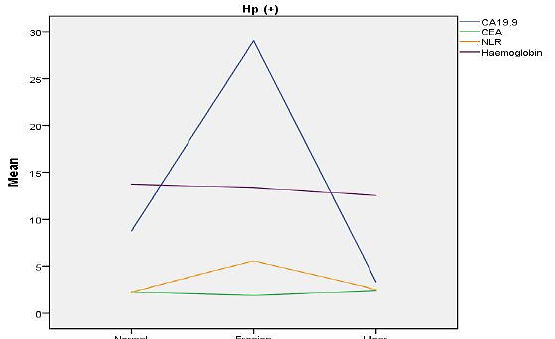 图6:CA 19-9、CEA、NLR和血红蛋白的分布情况,按胃溃疡和HP(+)的侵蚀情况分列