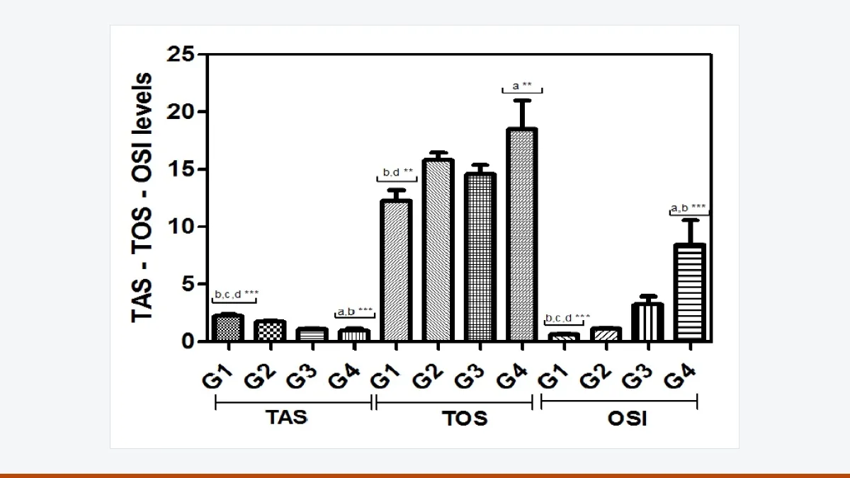 Bar chart of TAS, TOS and OSI levels in four groups of infertile men, with the highest TOS and OSI in the azoospermia group.